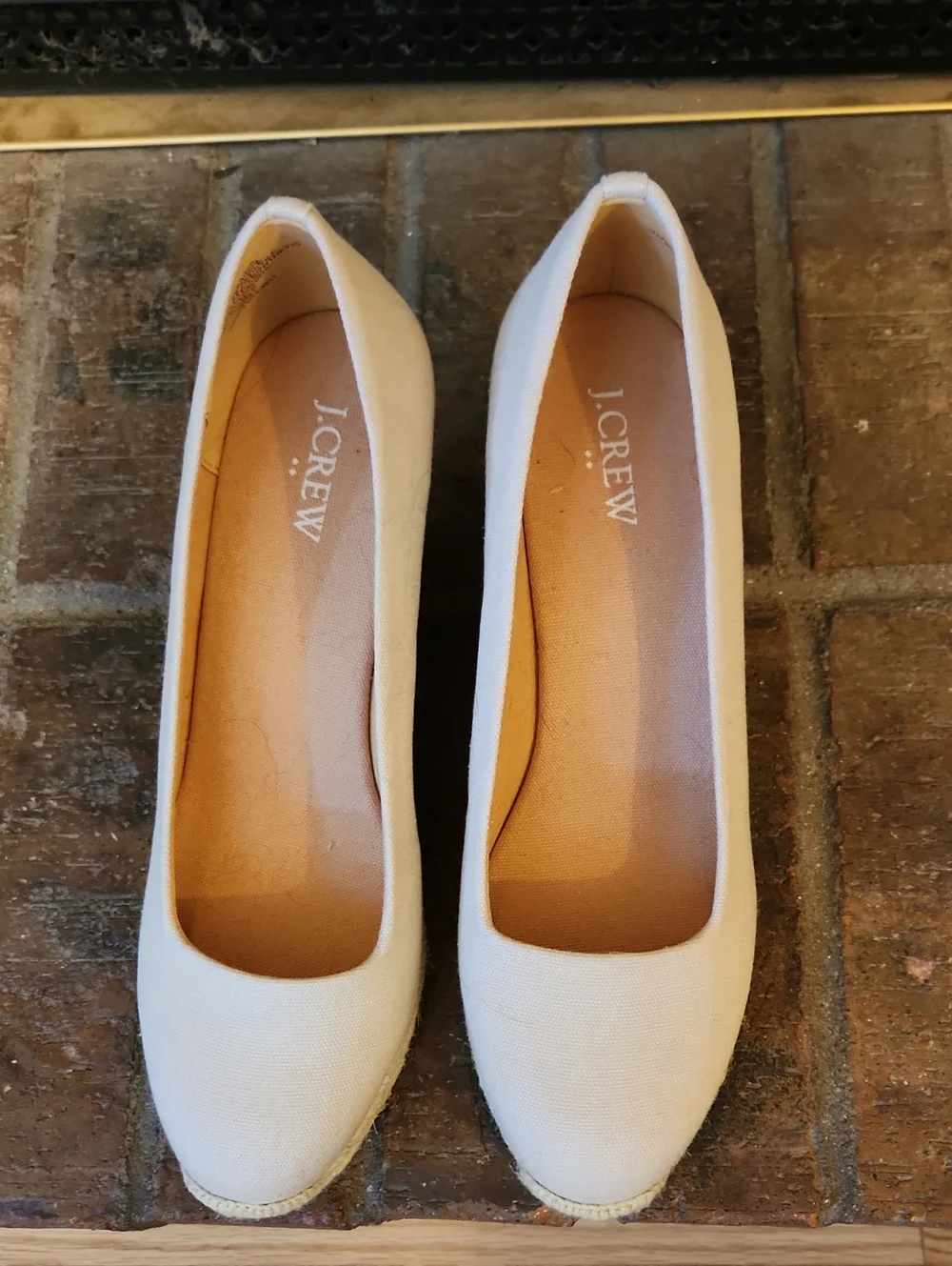 J Crew Factory Tan Beige Wedge Heels Canvas Size 9 Round Toe Espadrille